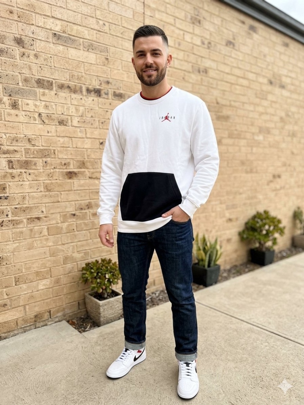 Jordan White Crewneck Sweatshirt with Black Pocket and Red Trim Size XL
